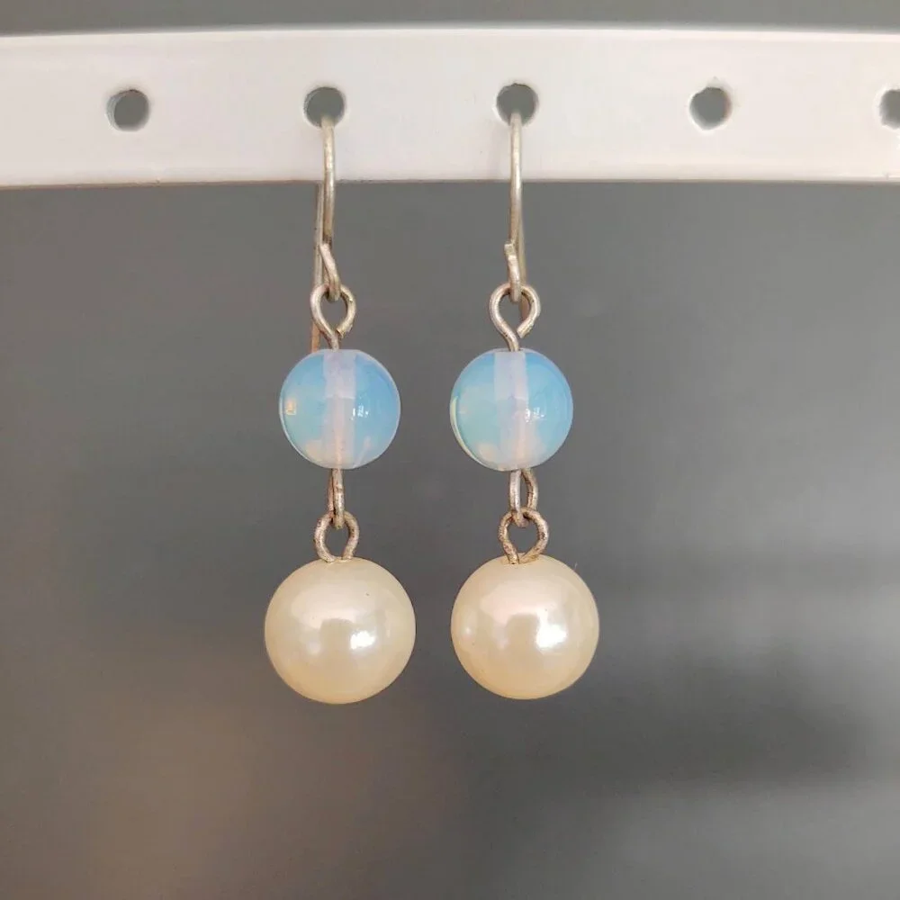 Faux pearl and pale blue drop earrings